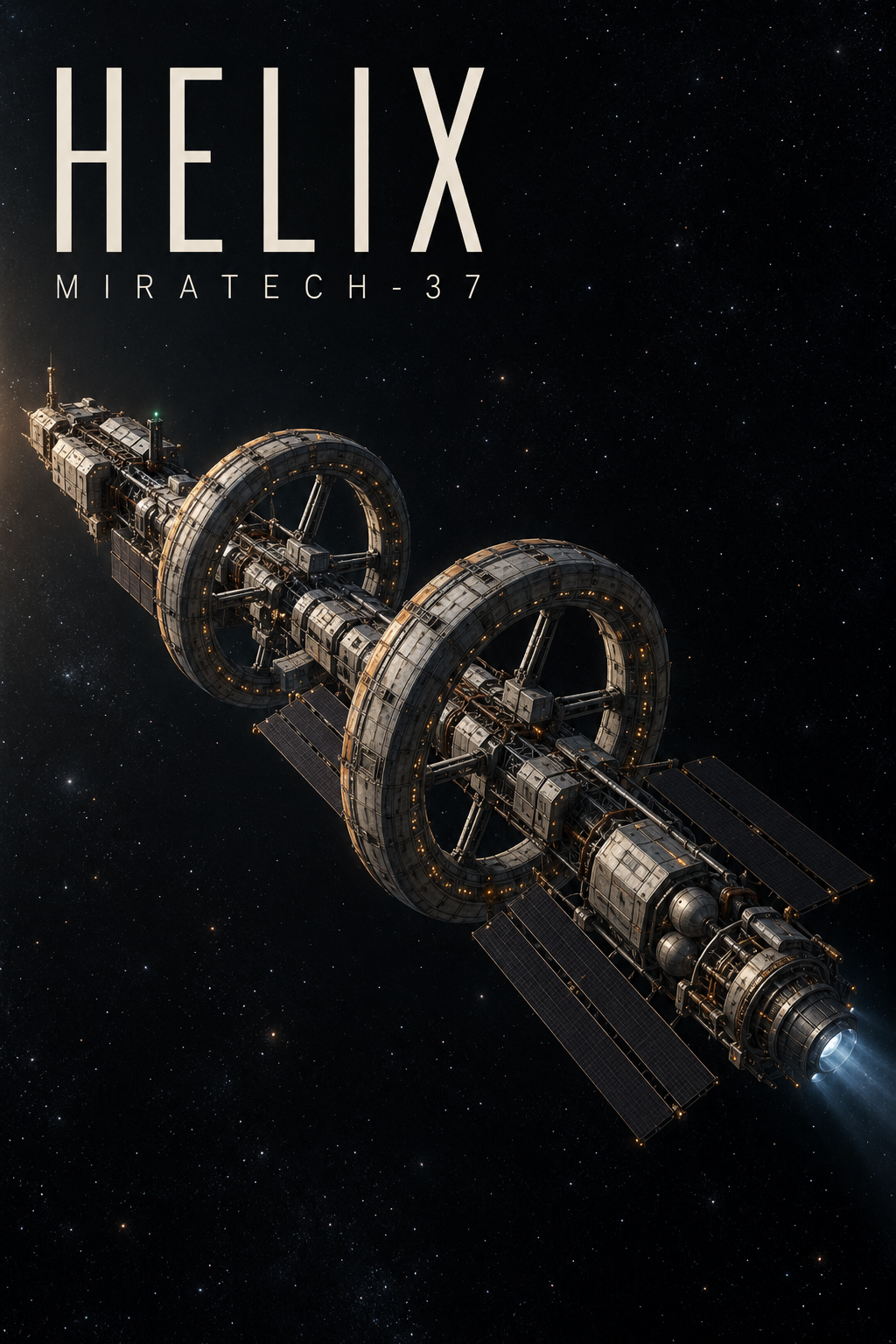 Обложка HELIX: космический корабль Miratech-37 с двумя жилыми кольцами в глубоком космосе.